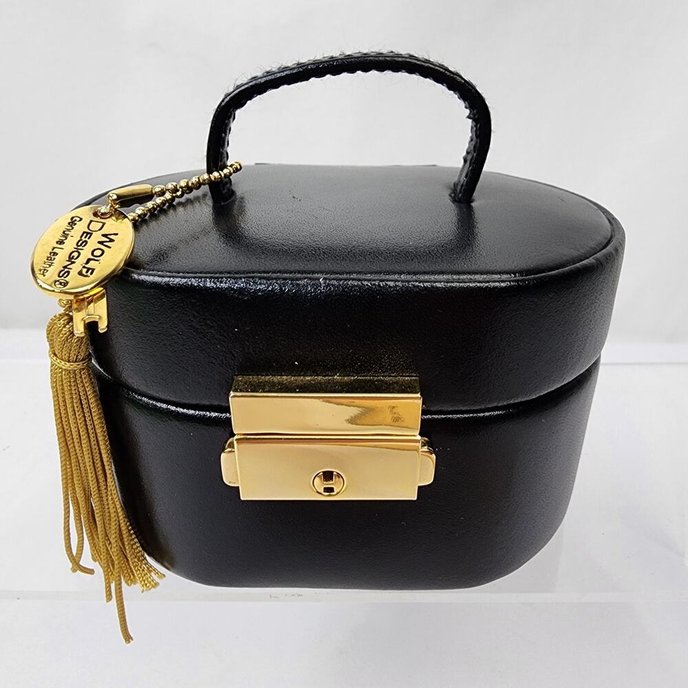 Wolf Designs Oval 3 x 4.5 Black Leather / Gold Hardware Jewelry Case Box w/ Key